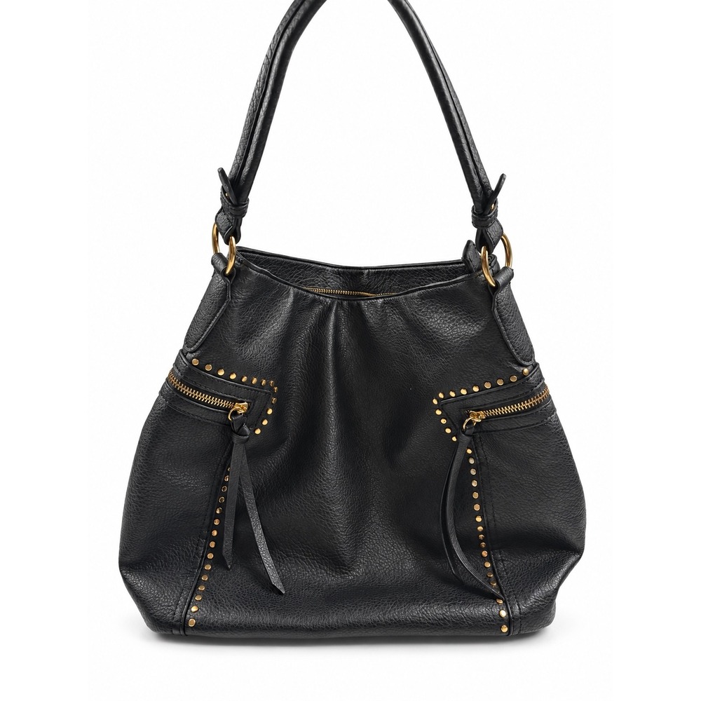 Vintage Y2K Black Studded Slouchy Hobo Shoulder Bag Pebbled Leather Purse